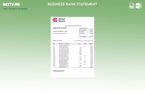 модерен стил Neue Bank AG Извод на цврста сметка Шаблон за Word и PDF () шаблон